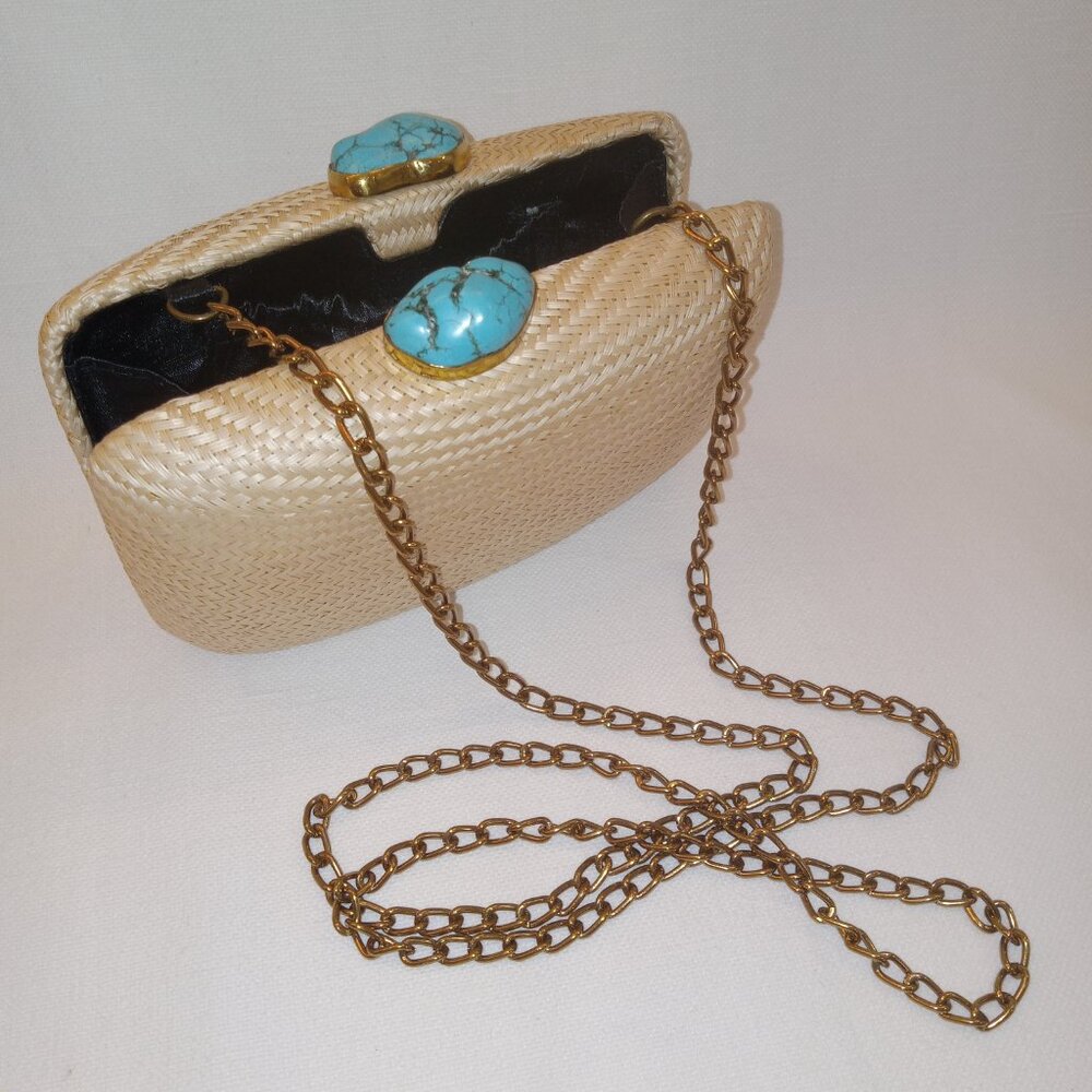 Kayu Jen Straw Clutch/Shoulder Bag With Turquoise Stone Toast/Natural NWOT - Picture 13 of 16